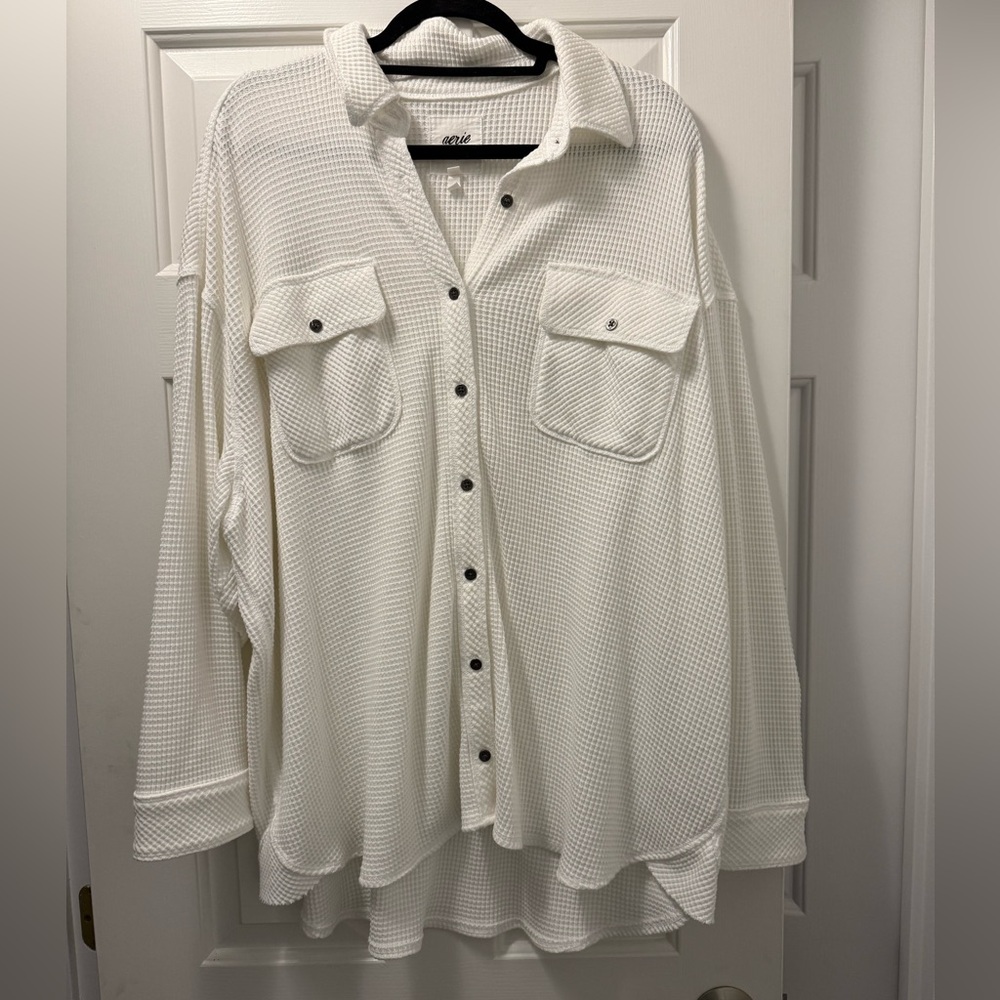 aerie White Waffle Button-Down Shirt